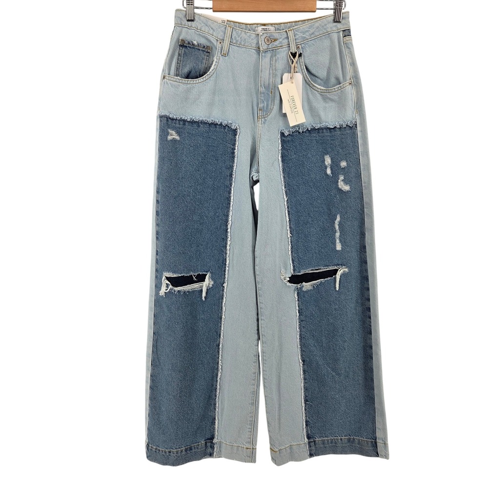 Forever 21 Premium Low Rise Wide Leg Jeans Womens 28 Blue Patchwork Distressed‎